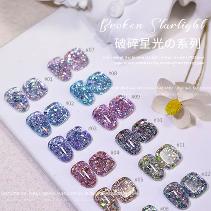 MUSELUOGE 12color Broken Starlight Glitter Gel Nail Polish Explosion-flash Semi Permanent Soak Off UV Nail Gel For Nail Salon