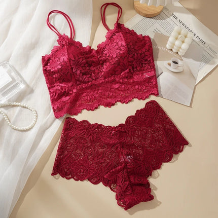 Women's Sexy Lace Bra Suit Solid Set Beautiful Back Hollow Out No Steel Ring Underwear With Lace Flower Breathable Panties