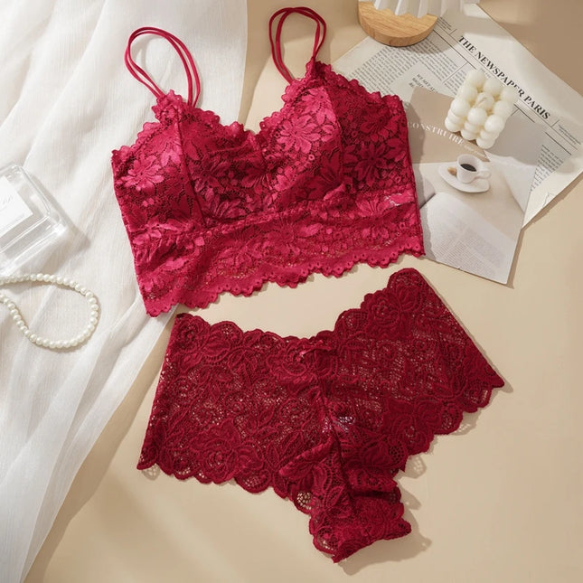 Women's Sexy Lace Bra Suit Solid Set Beautiful Back Hollow Out No Underwire Underwear with Lace Flower Breathable Panties