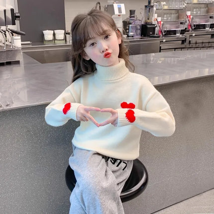 Girls' High Neck Velvet Winter Collection Children's Love Knitted Top Girls' Winter Thick Base Knitted Sweater