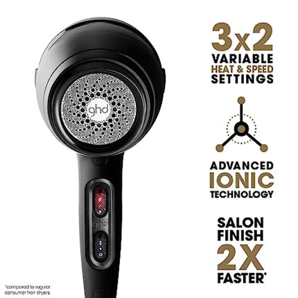 Salon-use black hair dryer with 1600W motor, ionic technology, adjustable temperature, concentrator nozzle for fast drying