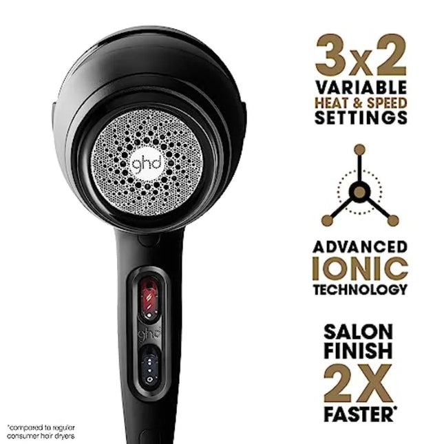 Salon-use black hair dryer with 1600W motor, ionic technology, adjustable temperature, concentrator nozzle for fast drying