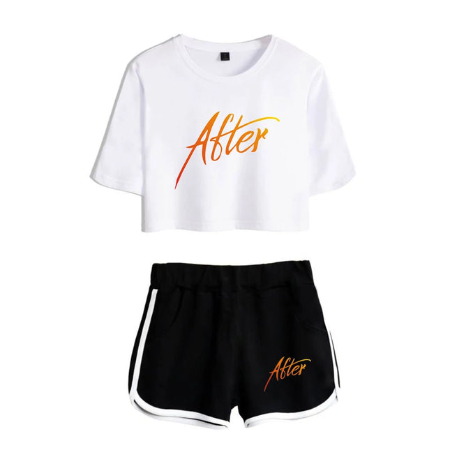 Youthful Black White After We Collided Girl Dew navel Two Piece Set Sexy Short Sleeve Crop T-shirts+Shorts Pants Tracksuit
