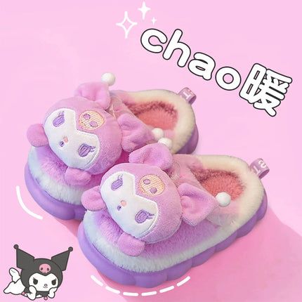 Winter Warm Cute Cartoon Indoor Mule Soft Non-slip Fluffy Slippers For Kids Teen Boys Girls Children Home Cotton Shoes Size 24-4