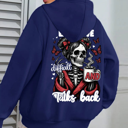 Expensive Talks Back Coffee Butterfly Skulls Print Women Hoody Autumn Hoodies Casual Loose Pullover Jogging Pocket Sportswear
