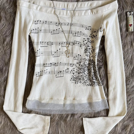 Y2K Aesthetic Fairy Off Shoulder Tops Women Long Sleeve Music Note Print Slim Fitted T-Shirt Ruffle Blouse Clothes