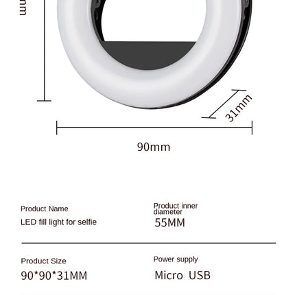 Ring Light Phone Selfie Stick LED Clip-on Rechargeable Round Lamp Live Stream for Smartphone Laptop IPad IPone