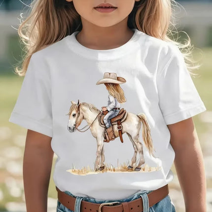 Girl Clothes Cow Girl Riding Horse 3D Print T-Shirt Western Festival Casual Top Summer Short Sleeve Outdoor Children's Clothing