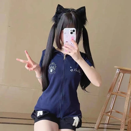 Japanese Vintage Rabbit Ears Hoodie Long Sleeve Polka Dot Print Y2k Retro Slim Zipper Patchwork Sweatshirt Women Sweet Cartoon