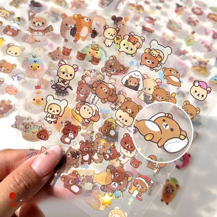 10Sheets Cartoon Cute Rilakkuma Stickers Die-cutting Sticker Anime Decals Handbooks Material Flashing Laser Sticker Kid Toy