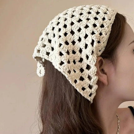 Bohemian White Cotton Lace Triangle Hair Scarf for Women Knitted Flower Hollow Out Headband Wraps Hair Waist Decoration Outfits