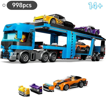 998PCS City Series Car Transporter Building Blocks, Double-Decker Truck Trailer with Sports Cars, MOC Vehicle Toy for Boys Kids,