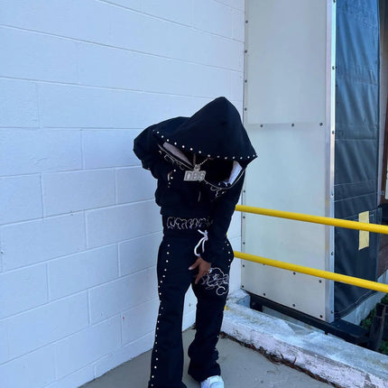 American style street fashion printed rhinestone hoodie, casual pants, fake two-piece men's and women's high street hoodies