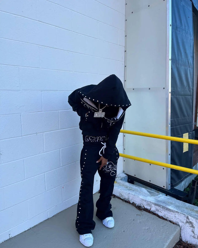 American style street fashion printed rhinestone hoodie, casual pants, fake two-piece men's and women's high street hoodies