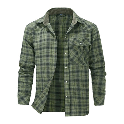 Men's Shirts Spring Flannel Long Sleeve Plaid Checkered Brushed Casual Western Cowboy Pearl Snap Shirt Popular Clothes US Size