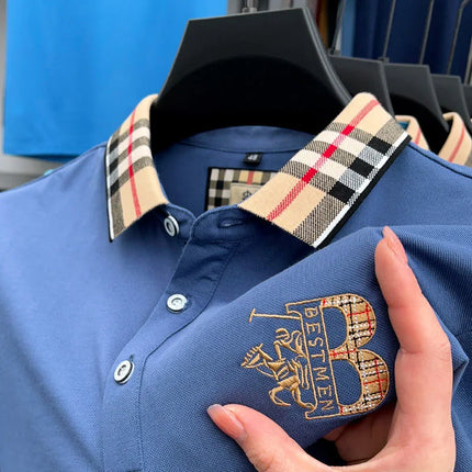 Luxury brand men's short-sleeved polo shirt, summer high-end fashion, plaid embroidery, lapel, casual T-shirt, breathable cotton top