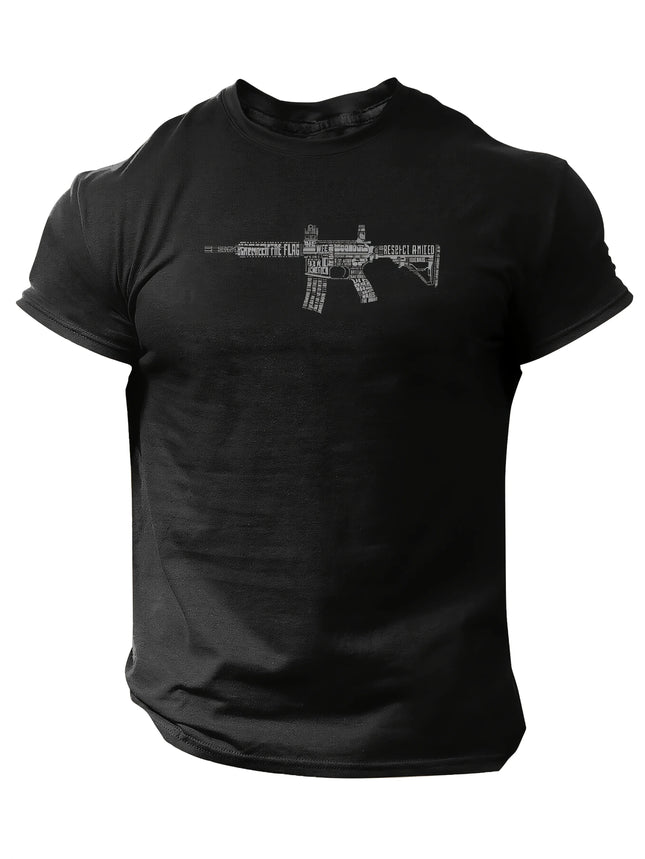 Men's Tactical Gun Print Short-Sleeve T-shirt - Casual Polyester Round Neck Machine Washable for Summer Outing Men's Clothing