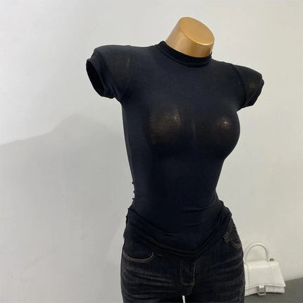 Korean Transparent Short-Sleeved Slim-Fit Elastic Solid Color Bottoming T-shirt with Half-High Collar - Sexy Big Chest T-shirt