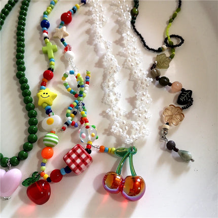 Kpop Boho Colorful Cherry Heart Star Pendant Peart Choker Necklace For Women Sweet Aesthetic Y2K Harajuku Jewelry Accessories