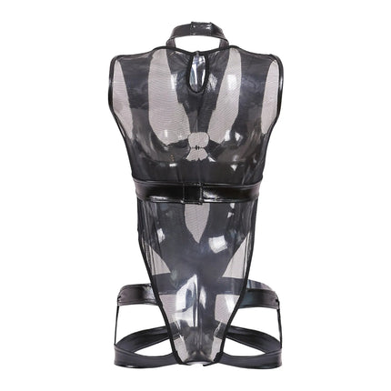 Large Size Sexy Lingerie Women PU Leather Bodysuit Hollow Out Mesh Latex Body Tops Catsuit Fetish Women Erotic Teddies Jumpsuits