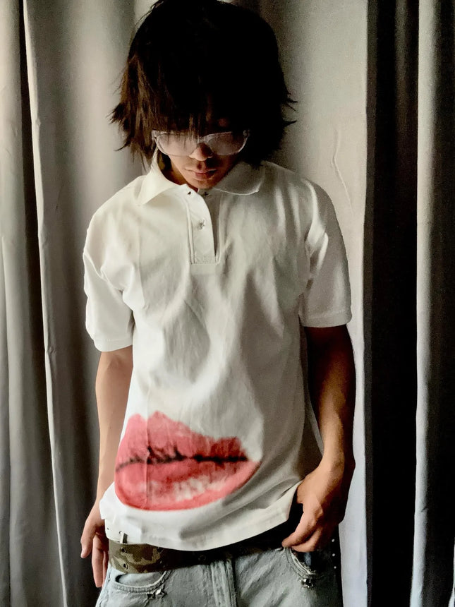 Y2K Polo Shirt Print Rock Goth Oversized T-shirt Hip Hop Button-down Collar Shirt Punk Casual Tee Minimalist and Fashionable