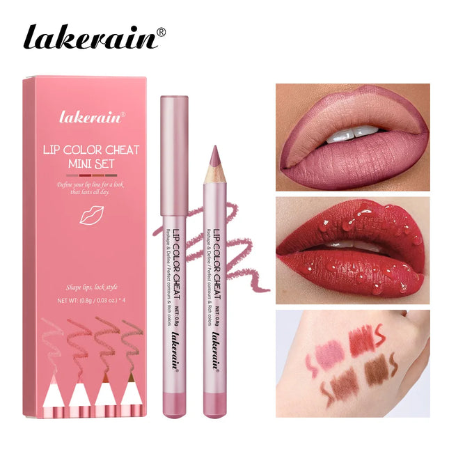 Mini Wooden Lip Liner Set in 4 Colors, Long-lasting And Pigmented Matte Lipstick Pencil, Smoothly Defines Beautiful Lips