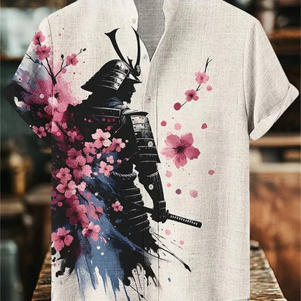 Men's short-sleeved shirt with samurai print and stylish ink painting design, summer casual men's top, trendy retro streetwear.