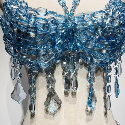Blue Beaded Bikini Rave Body Party Bridal Wedding Accessories Fringe Chain Mermaid Bra Top Beachwear Lingerie Harness Bralette