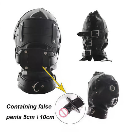 PU Leather BDSM Bondage Hood Sensory Deprivation Mask With Blindfold Removable Dildo Gag Lockable Head Harness Sex Toys  Couples