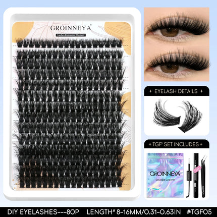 GROINNEYA Lash Clusters Kit Fluffy Volume Eyelash Clusters D Curl Cluster Eyelash Extensions 3D Wispy Lashes Clusters Makeup