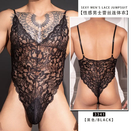 Sissy Lingerie Floral Lace Bodysuit Men's Sexy See Through Unitard Leotard Male Sleeveless Tshirt Undershirt Gay Club Nightwear