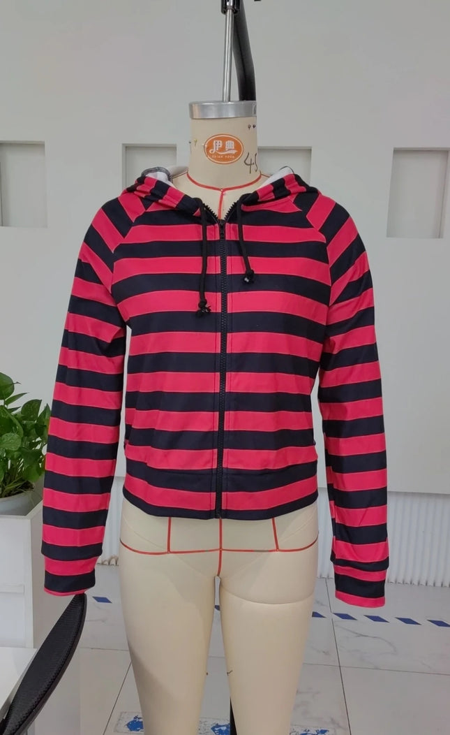 Y2K Striped Zip Up Hoodies Sweatshirts for Women E-girl Gothic Emo Mall Goth Sweatshirts 2000s Retro Harajuku Jackets Streetwear