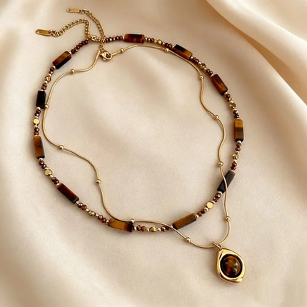 Retro Temperament Layered Tiger Eye Stone Pendant Necklace For Women Stainless steel  Collarbone Chain Sets Jewelry