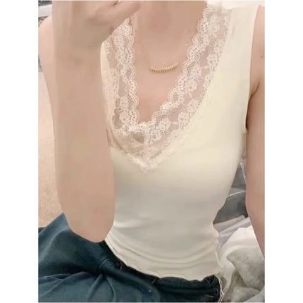Spring Autumn Women's Slim Fit Lace Trim V-Neck Strap Vest Top Slim Inner Wear Base Layer Sweet Style Elastic Fiber