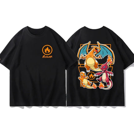 2026 Summer Pokemon Charizard Evolution Double Sided Print T-Shirt 100% Cotton Oversized Couple & Family Tee for Travel & Sports