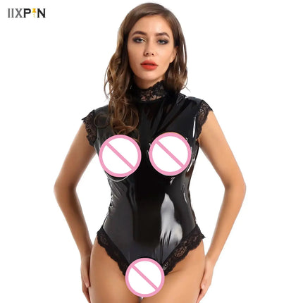 Sexy Patent Leather Bodysuit Women Crotchless Footed Jumpsuit Open Crotch Cupless Open Bust Erotic Leotard Costume Latex Catsuit