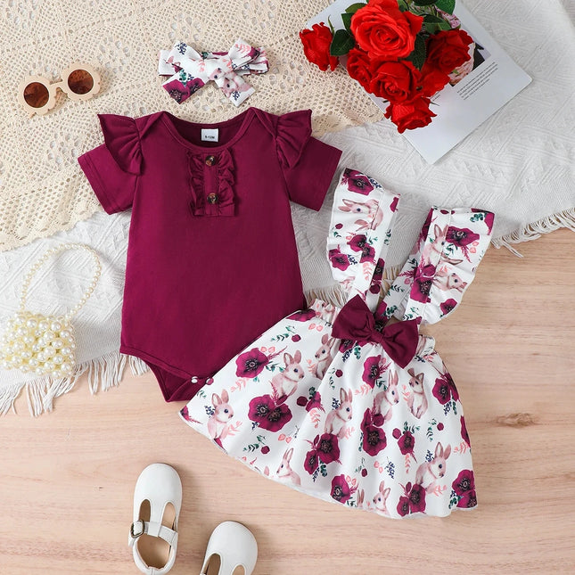 Baby Girl Summer Set Solid Color Jumpsuit + Rabbit Printed Shoulder Strap Skirt + Headband Set for 0-18 Months Cute Female Babies