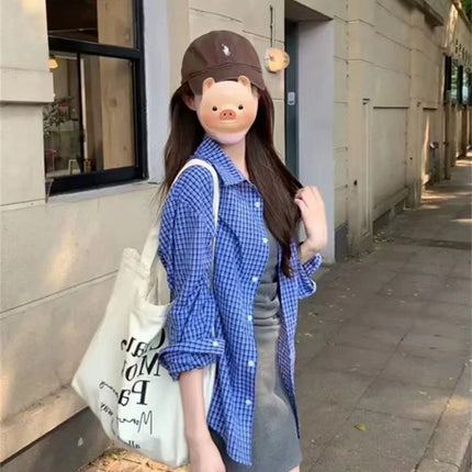 Blue Plaid Casual Sle Women's irt Jaet Loose Fit Autumn Outerwear Open Cardigan Top Seasonal Collection  Collar