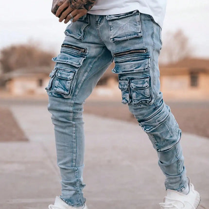Men’s streetwear, multi pocket vehicle, snug, stretchy, light-colored jeans.