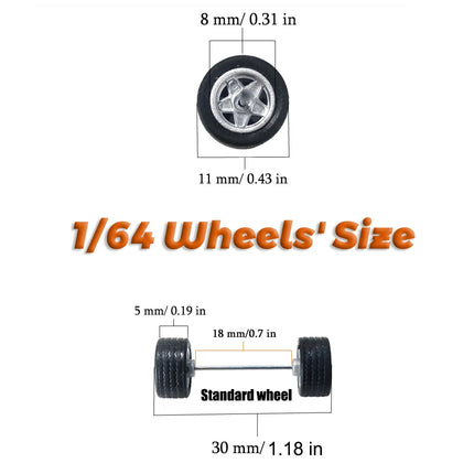 1/64 Wheels with Fixed Rubber Tires Ten Spoke for Toy Model Diecast Cars Refiting Parts for Hotwheels (5 sets for 5 Cars)