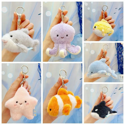 Soft Ocean Animal Keychain Small Turtle Kawaii Fluffy Whale Keyring Simulation PP Cotton Press Sound Pendant Home Decor
