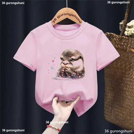 Harajuku Kawaii Kids Clothes Funny Otter Love Flowers Animal Printed T-shirt Girls/Boys Summer Fashion T-shirt Tops