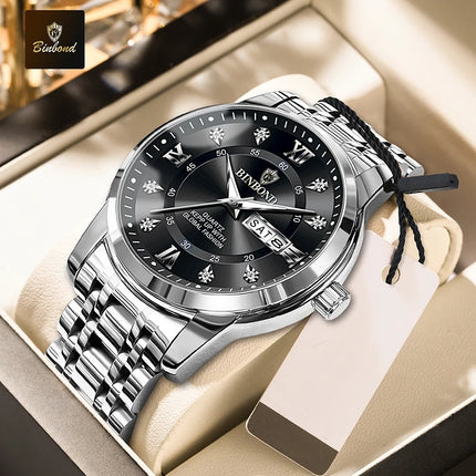 BINBOND Stainless Steel Quartz Wristwatch Top Brand Luxury Clock 3ATM Waterproof Business Men Watches Men Gifts Relojes