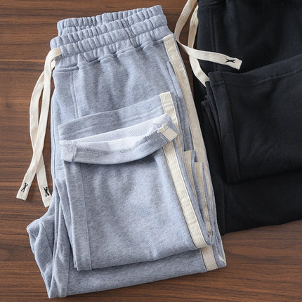 Spring Autumn American Retro Drawstring Knitted Striped Sweatpants Men's Simple 100% Cotton Sports Casual Loose Straight Pants