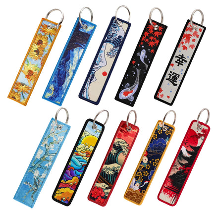 Japanese Van Gogh Art Waves Key Tag Keychains Women Koi Fish Keychain for Car Motorcycles Keys Keyring Men Holder Jewelry Gifts