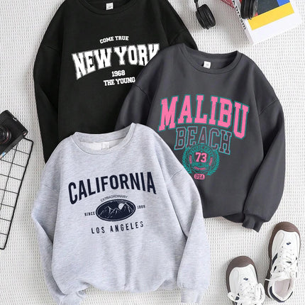 New York California Malibu Letter Sweatshirts Winter Women Casual Loose Hoodie Fleece Warm Crewneck Pullover Comfortable Clothes