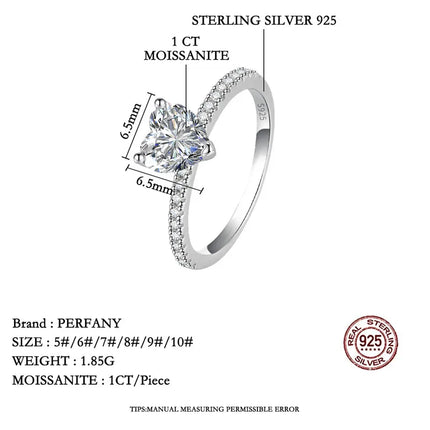 PERFANY 1/2CT Heart Cut Moissanite Ring for Women S925 Pure Silver Shiny Laboratory Diamond Engagement Luxury Jewelry