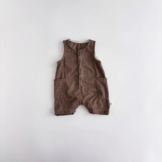 Summer Korean-style striped sleeveless jumpsuit for baby boys and girls, baby crew neck pocket jumpsuit, suitable for going out