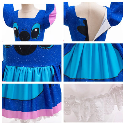Stitch Character Cosplay Dress for Kids Girls Lilo & Stitch Blue Sparkly Dress with 3D Ears for Halloween Birthday Party