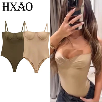 HXAO Bodysuit Women Bustier Slip Tops Body Sexy Women Lingerie Slimming Bodysuit Brown Green Sleeveless Cup Thong Bodysuit Woman
